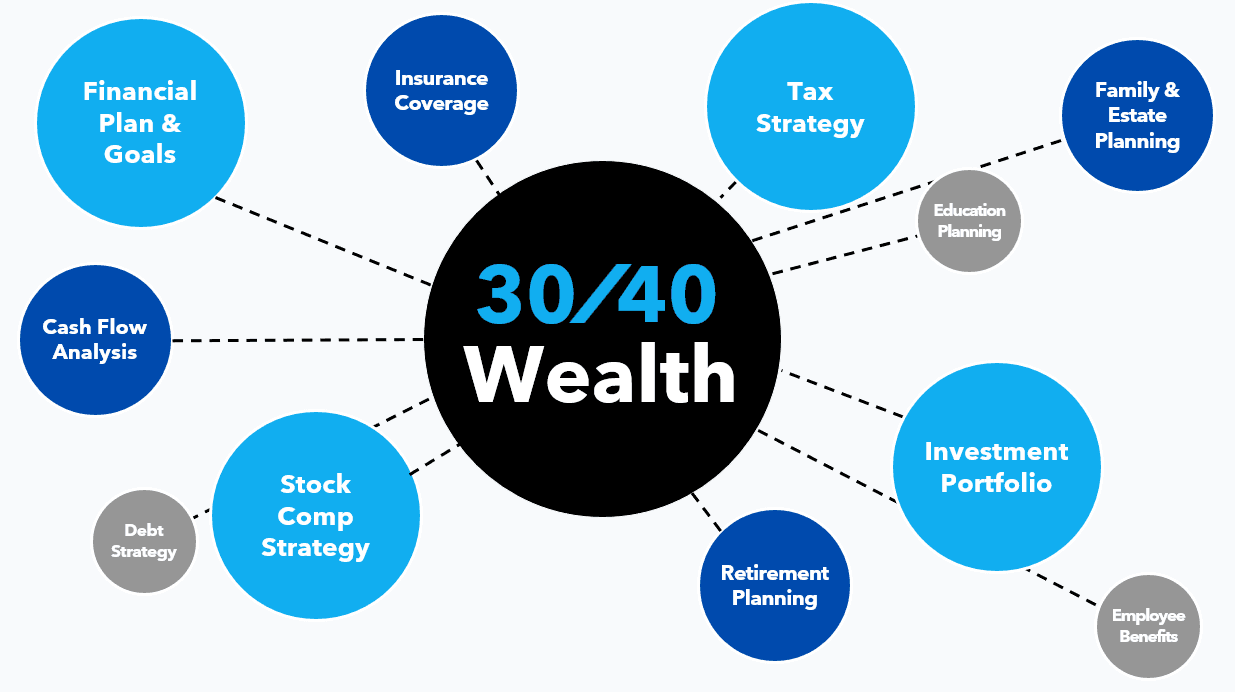 30/40 Wealth comprehensive approach showing Financial Plan & Goals, Tax Strategy, Investment Portfolio, Stock Comp Strategy, Cash Flow Analysis, Insurance Coverage, Family & Estate Planning, Retirement Planning, and more